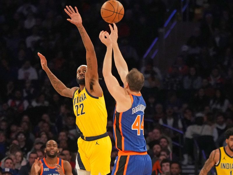 NEW YORK, NY - FEBRUARY 10: Bojan Bogdanovic #44 of the New York Knicks shoots the ball during the game against the Indiana Pacers on February 10, 2024 at Madison Square Garden in New York City, New York.  NOTE TO USER: User expressly acknowledges and agrees that, by downloading and or using this photograph, User is consenting to the terms and conditions of the Getty Images License Agreement. Mandatory Copyright Notice: Copyright 2024 NBAE  (Photo by Jesse D. Garrabrant/NBAE via Getty Images)