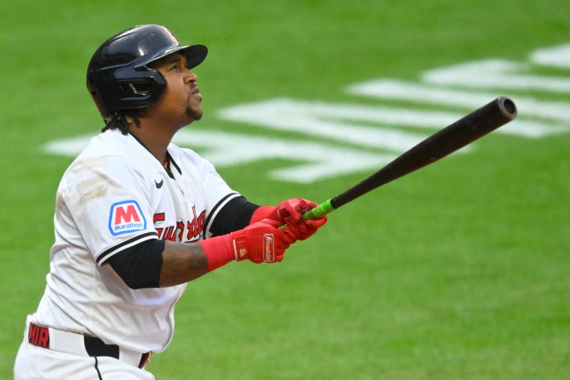 May 6, 2024; Cleveland, Ohio, USA; Cleveland Guardians third baseman Jose Ramirez (11) watches his solo home run in the sixth inning against the Detroit Tigers at Progressive Field. Mandatory Credit: David Richard-USA TODAY Sports