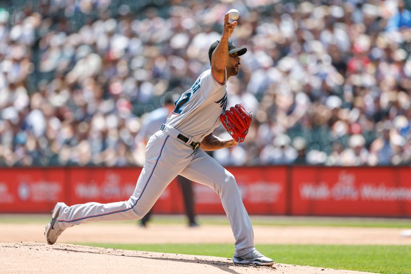 Jun 10, 2023; Chicago, Illinois, USA; Miami Marlins starting pitcher Sandy Alcantara (22) delivers a pitch against the Chicago White Sox during the first inning at Guaranteed Rate Field. Mandatory Credit: Kamil Krzaczynski-USA TODAY Sports