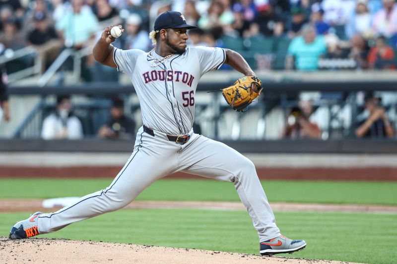 Jun 28, 2024; New York City, New York, USA;  Houston Astros starting pitcher Ronel Blanco (56) pitches in the first inning against the New York Mets at Citi Field. Mandatory Credit: Wendell Cruz-USA TODAY Sports