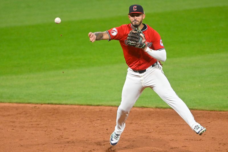 May 12, 2025; Cleveland, Ohio, USA; Cleveland Guardians shortstop Gabriel Arias (13) throws to first base in the ninth inning against the Milwaukee Brewers at Progressive Field. Mandatory Credit: David Richard-Imagn Images