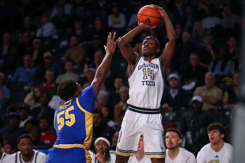 Jan 23, 2024; Atlanta, Georgia, USA; Georgia Tech Yellow Jackets guard Kowacie Reeves Jr. (14) shoots over Pittsburgh Panthers forward Zack Austin (55) in the second half at McCamish Pavilion. Mandatory Credit: Brett Davis-USA TODAY Sports
