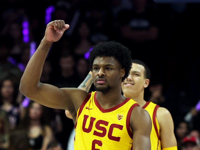 Jan 17, 2024; Tucson, Arizona, USA; USC Trojans guard Bronny James (6) before the tip of during the first half at McKale Center. Mandatory Credit: Zachary BonDurant-USA TODAY Sports