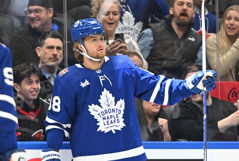 Nov 8, 2023; Toronto, Ontario, CAN; Toronto Maple Leafs forward William Nylander (88) celebrates after scoring a goal against the Ottawa Senators in the first period at Scotiabank Arena. Mandatory Credit: Dan Hamilton-USA TODAY Sports