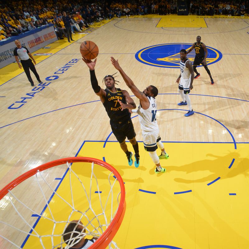 SAN FRANCISCO, CA - MAY 12:  Buddy Hield #7 of the Golden State Warriors shoots the ball during the game against the Minnesota Timberwolves  during Round 2 Game 4 of the 2025 NBA Playoffs on May 12, 2025 at Chase Center in San Francisco, California. NOTE TO USER: User expressly acknowledges and agrees that, by downloading and or using this photograph, user is consenting to the terms and conditions of Getty Images License Agreement. Mandatory Copyright Notice: Copyright 2025 NBAE (Photo by Jesse D. Garrabrant/NBAE via Getty Images)