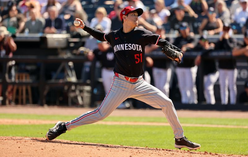 Feb 26, 2024; Tampa, Florida, USA; Minnesota Twins pitcher Matt Bowman (51) throws a pitch during the third inning against the New York Yankees at George M. Steinbrenner Field. Mandatory Credit: Kim Klement Neitzel-USA TODAY Sports