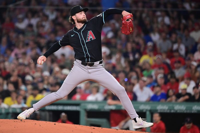 Aug 23, 2024; Boston, Massachusetts, USA; Arizona Diamondbacks starting pitcher Ryne Nelson (19) pitches against the Boston Red Sox during the third inning at Fenway Park. Mandatory Credit: Eric Canha-USA TODAY Sports