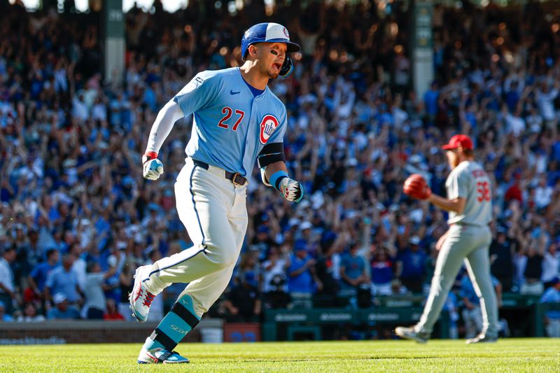 Sep 26, 2025; Chicago, Illinois, USA; Chicago Cubs right fielder Seiya Suzuki (27) rounds the bases after hitting a grand slam against the St. Louis Cardinals during the seventh inning at Wrigley Field. Mandatory Credit: Kamil Krzaczynski-Imagn Images