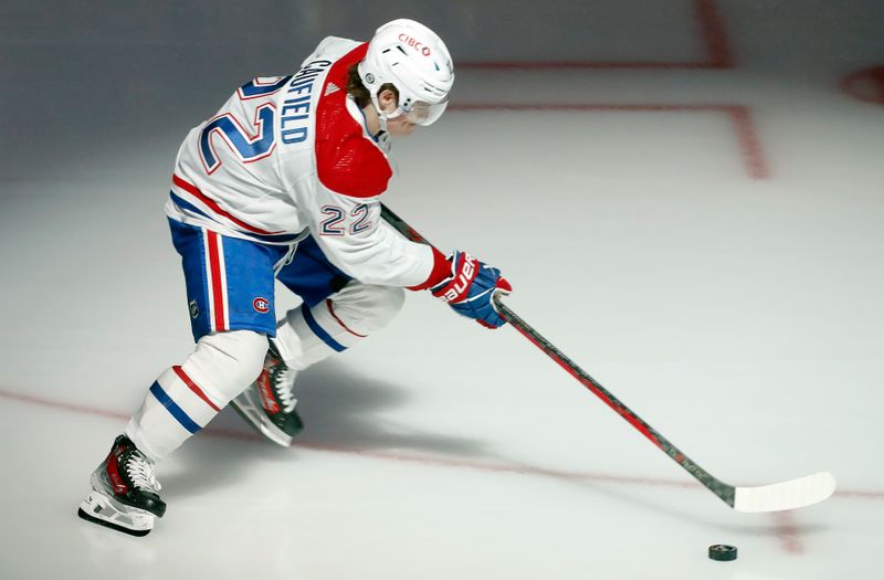 Jan 27, 2024; Pittsburgh, Pennsylvania, USA;  Montreal Canadiens right wing Cole Caufield (22) takes the ice to warm up before a game against the Pittsburgh Penguins at PPG Paints Arena. Mandatory Credit: Charles LeClaire-USA TODAY Sports