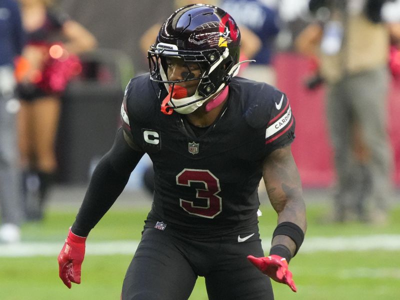 Arizona Cardinals safety Budda Baker (3) lines up against the Los Angeles Rams during the first half of an NFL football game, Sunday, Nov. 26, 2023, in Glendale, Ariz. (AP Photo/Rick Scuteri)