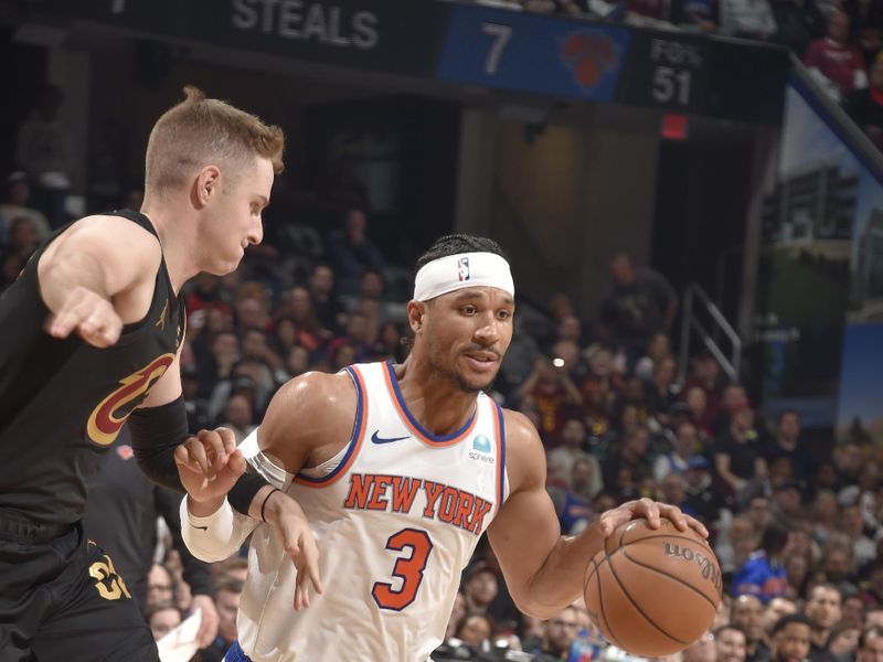 CLEVELAND, OH - MARCH 3:  Josh Hart #3 of the New York Knicks goes to the basket during the game on March 3, 2024 at Rocket Mortgage FieldHouse in Cleveland, Ohio. NOTE TO USER: User expressly acknowledges and agrees that, by downloading and/or using this Photograph, user is consenting to the terms and conditions of the Getty Images License Agreement. Mandatory Copyright Notice: Copyright 2024 NBAE (Photo by David Liam Kyle/NBAE via Getty Images)