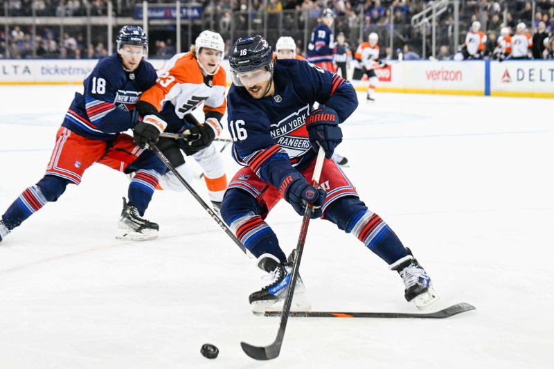 Apr 9, 2025; New York, New York, USA;  New York Rangers center Vincent Trocheck (16) plays the loose puck against the Philadelphia Flyers during the first period at Madison Square Garden. Mandatory Credit: Dennis Schneidler-Imagn Images