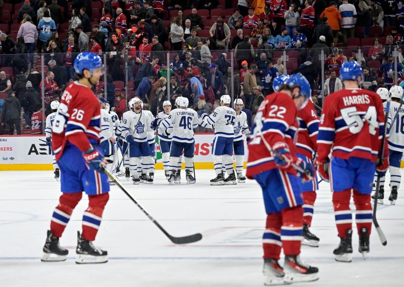 Apr 6, 2024; Montreal, Quebec, CAN; The Toronto Maple Leafs celebrate the win against the Montreal Canadiens at the Bell Centre. Mandatory Credit: Eric Bolte-USA TODAY Sports