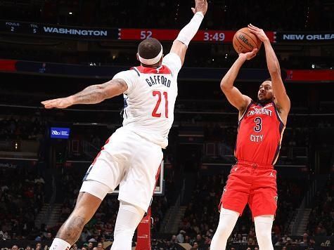 WASHINGTON, DC -? DECEMBER 13:  CJ McCollum #3 of the New Orleans Pelicans shoots the ball during the game  on December 13, 2023 at Capital One Arena in Washington, DC. NOTE TO USER: User expressly acknowledges and agrees that, by downloading and or using this Photograph, user is consenting to the terms and conditions of the Getty Images License Agreement. Mandatory Copyright Notice: Copyright 2023 NBAE (Photo by Stephen Gosling/NBAE via Getty Images)