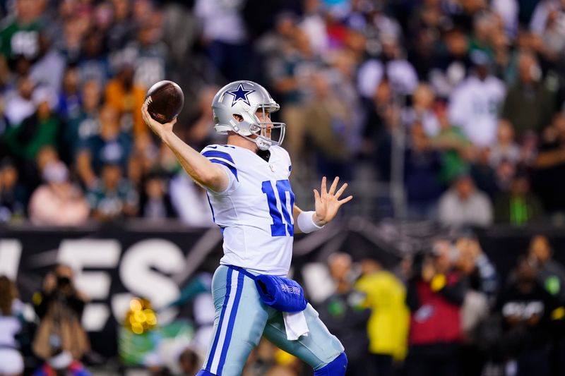 Dallas Cowboys' Cooper Rush plays during an NFL football game, Sunday, Oct. 16, 2022, in Philadelphia. (AP Photo/Matt Slocum)
