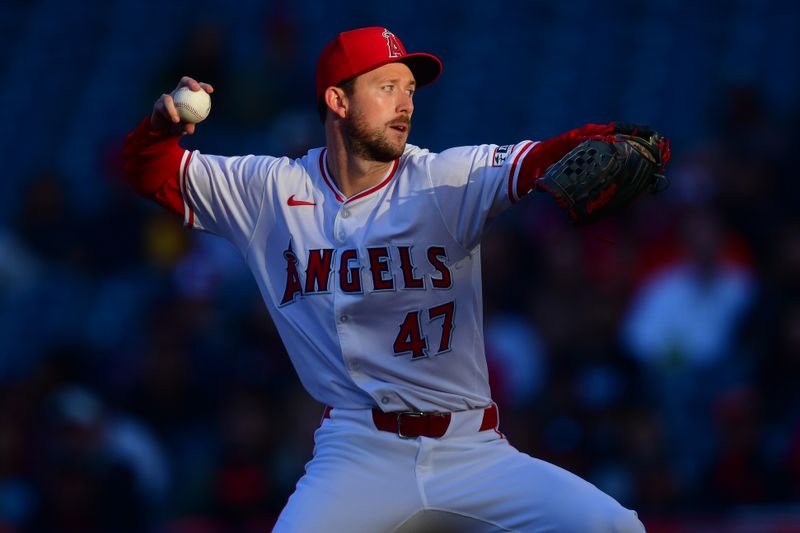 Apr 23, 2024; Anaheim, California, USA; Los Angeles Angels pitcher Griffin Canning (47) throws against the Baltimore Orioles during the first inning at Angel Stadium. Mandatory Credit: Gary A. Vasquez-USA TODAY Sports