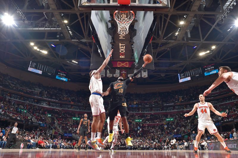 CLEVELAND, OH - MARCH 3:  Darius Garland #10 of the Cleveland Cavaliers goes to the basket during the game on March 3, 2024 at Rocket Mortgage FieldHouse in Cleveland, Ohio. NOTE TO USER: User expressly acknowledges and agrees that, by downloading and/or using this Photograph, user is consenting to the terms and conditions of the Getty Images License Agreement. Mandatory Copyright Notice: Copyright 2024 NBAE (Photo by David Liam Kyle/NBAE via Getty Images)