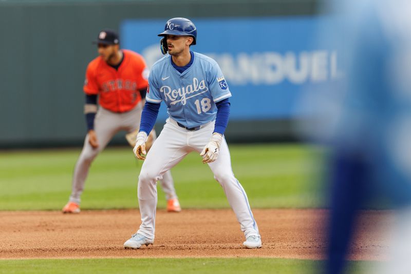 Apr 27, 2025; Kansas City, Missouri, USA; Kansas City Royals first base Cavan Biggio (18) leads off second base during the eighth inning against the Houston Astros at Kauffman Stadium. Mandatory Credit: William Purnell-Imagn Images