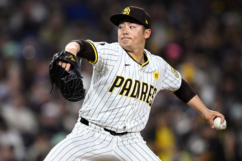 Apr 20, 2024; San Diego, California, USA; San Diego Padres relief pitcher Yuki Matsui (1) throws a pitch against the Toronto Blue Jays during the ninth inning at Petco Park. Mandatory Credit: Orlando Ramirez-USA TODAY Sports