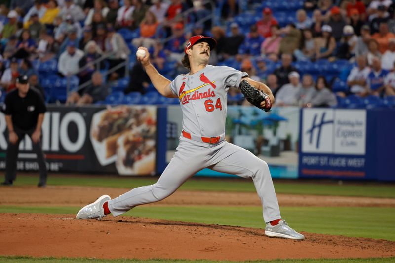 Mar 10, 2025; Port St. Lucie, Florida, USA;  St. Louis Cardinals pitcher Ryan Fernandez (64) throws a pitch during the fifth inning against the New York Mets at Clover Park. Mandatory Credit: Reinhold Matay-Imagn Images