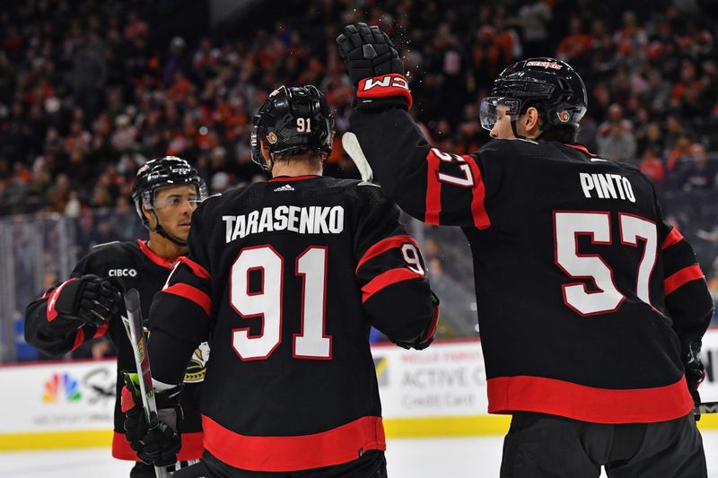 Mar 2, 2024; Philadelphia, Pennsylvania, USA; Ottawa Senators right wing Vladimir Tarasenko (91) celebrates his goal with teammates against the Philadelphia Flyers  during the second period at Wells Fargo Center. Mandatory Credit: Eric Hartline-USA TODAY Sports