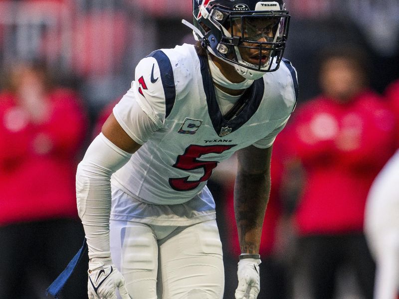 Houston Texans safety Jalen Pitre (5) lines up during the first half of an NFL football game against the Atlanta Falcons, Sunday, Oct. 8, 2023, in Atlanta. The Atlanta Falcons won 21-19. (AP Photo/Danny Karnik)