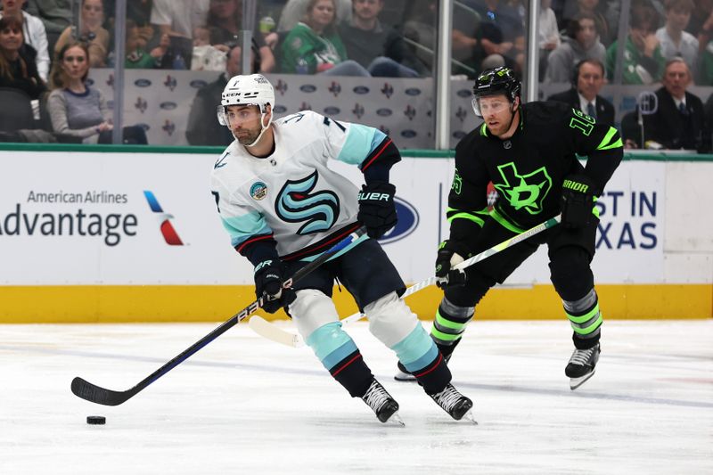 Apr 13, 2024; Dallas, Texas, USA; Seattle Kraken right wing Jordan Eberle (7) controls the puck against the Dallas Stars in the first period at American Airlines Center. Mandatory Credit: Tim Heitman-USA TODAY Sports