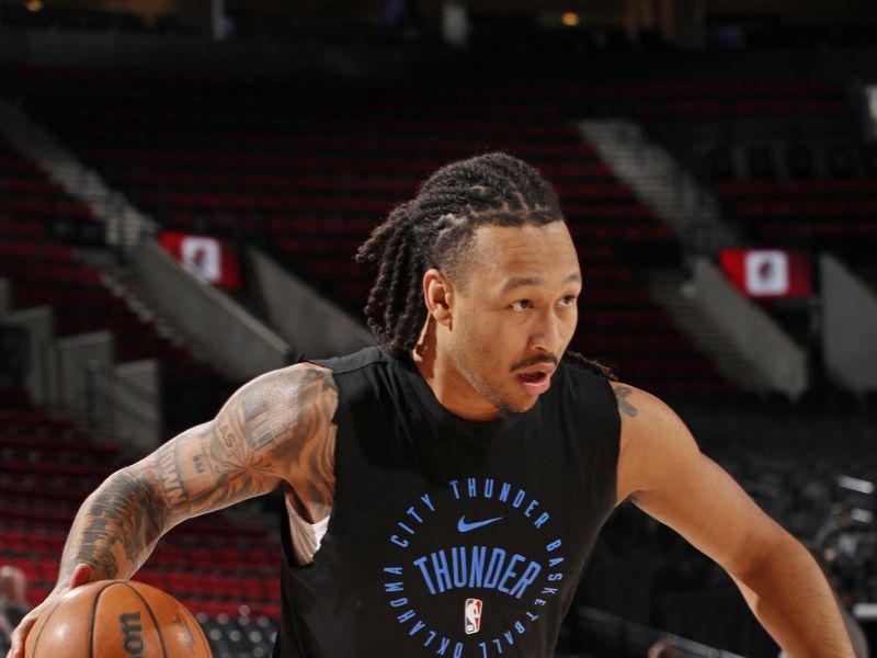 PORTLAND, OR - JANUARY 26: Jaylin Williams #6 of the Oklahoma City Thunder warms up before the game against the Portland Trail Blazers on January 26, 2025 at the Moda Center Arena in Portland, Oregon. NOTE TO USER: User expressly acknowledges and agrees that, by downloading and or using this photograph, user is consenting to the terms and conditions of the Getty Images License Agreement. Mandatory Copyright Notice: Copyright 2025 NBAE (Photo by Cameron Browne/NBAE via Getty Images)