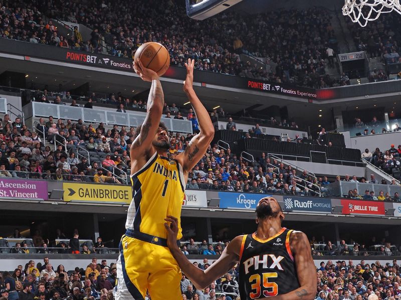 INDIANAPOLIS, IN - JANUARY 26: Obi Toppin #1 of the Indiana Pacers drives to the basket during the game against the Phoenix Suns on January 26, 2024 at Gainbridge Fieldhouse in Indianapolis, Indiana. NOTE TO USER: User expressly acknowledges and agrees that, by downloading and or using this Photograph, user is consenting to the terms and conditions of the Getty Images License Agreement. Mandatory Copyright Notice: Copyright 2024 NBAE (Photo by Ron Hoskins/NBAE via Getty Images)