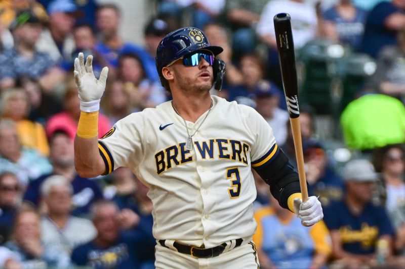 Sep 14, 2023; Milwaukee, Wisconsin, USA; Milwaukee Brewers designated hitter Josh Donaldson (3) reacts after striking out in the sixth inning against the Miami Marlins at American Family Field. Mandatory Credit: Benny Sieu-USA TODAY Sports