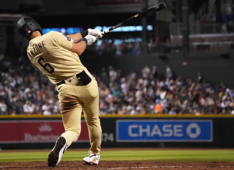 Jul 28, 2023; Phoenix, Arizona, USA; Arizona Diamondbacks designated hitter Dominic Canzone (6) bats against the Seattle Mariners during the fourth inning at Chase Field. Mandatory Credit: Joe Camporeale-USA TODAY Sports