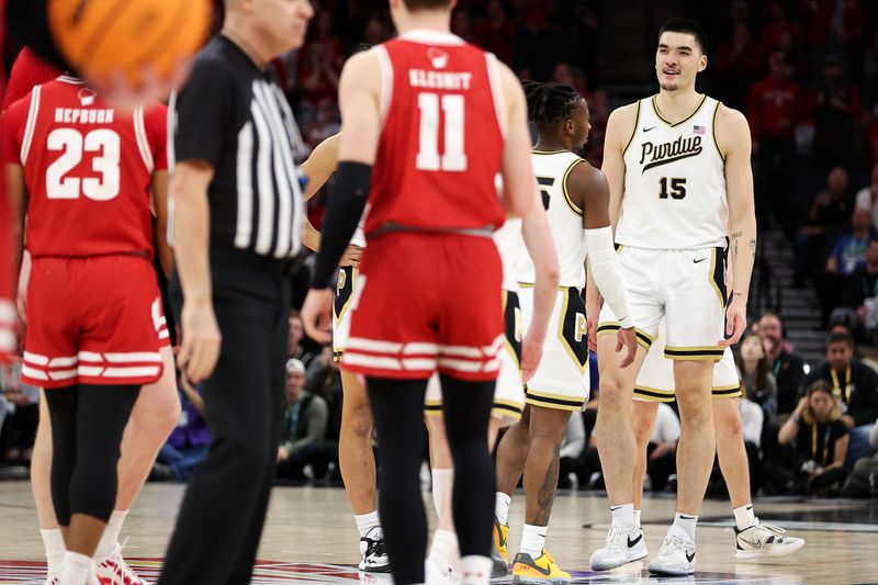 Mar 16, 2024; Minneapolis, MN, USA; Purdue Boilermakers center Zach Edey (15) reacts after being charged with a technical foul against the Wisconsin Badgers during the first half at Target Center. Mandatory Credit: Matt Krohn-USA TODAY Sports