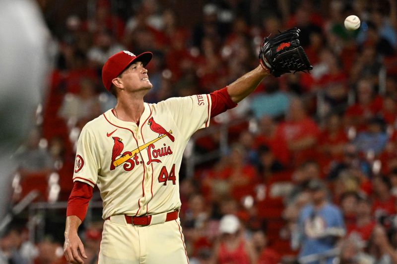 Jul 27, 2024; St. Louis, Missouri, USA; St. Louis Cardinals starting pitcher Kyle Gibson (44) reacts during the fifth inning of a baseball game against the Washington Nationals at Busch Stadium. Mandatory Credit: Jeff Le-USA TODAY Sports