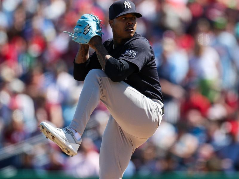 Feb 25, 2024; Clearwater, Florida, USA;  New York Yankees starting pitcher Marcus Stroman (0) throws a pitch  against the Philadelphia Phillies in the first inning at BayCare Ballpark. Mandatory Credit: Nathan Ray Seebeck-USA TODAY Sports