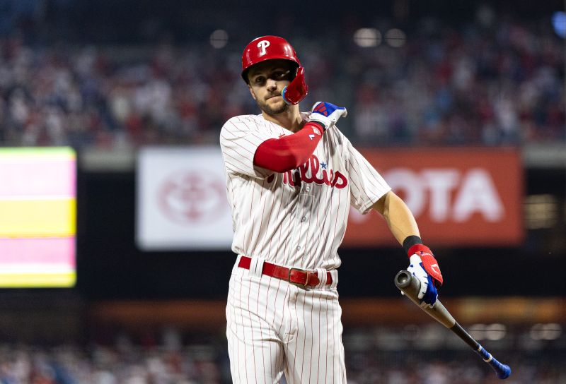 Aug 4, 2023; Philadelphia, Pennsylvania, USA; Philadelphia Phillies shortstop Trea Turner (7) prepares to bat during the fourth inning against the Kansas City Royals at Citizens Bank Park. Mandatory Credit: Bill Streicher-USA TODAY Sports