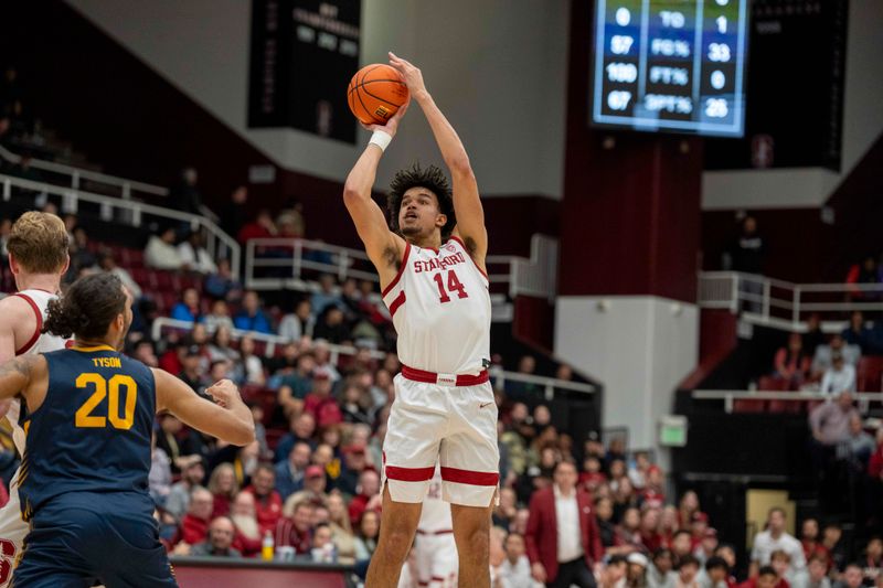 Mar 7, 2024; Stanford, California, USA; Stanford Cardinal forward Spencer Jones (14) shoots a three point basket against California Golden Bears guard Jaylon Tyson (20) during the first half at Maples Pavillion. Mandatory Credit: Neville E. Guard-USA TODAY Sports