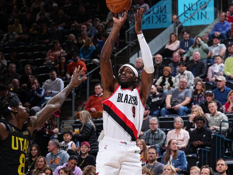 SALT LAKE CITY, UT - DECEMBER 3: Jerami Grant #9 of the Portland Trail Blazers shoots the ball during the game against the Utah Jazz on December 3, 2022 at vivint.SmartHome Arena in Salt Lake City, Utah. NOTE TO USER: User expressly acknowledges and agrees that, by downloading and or using this Photograph, User is consenting to the terms and conditions of the Getty Images License Agreement. Mandatory Copyright Notice: Copyright 2022 NBAE (Photo by Garrett Ellwood/NBAE via Getty Images)