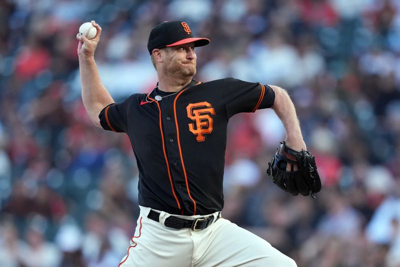 Aug 12, 2023; San Francisco, California, USA; San Francisco Giants starting pitcher Alex Cobb (38) throws a pitch against the Texas Rangers during the first inning at Oracle Park. Mandatory Credit: Darren Yamashita-USA TODAY Sports