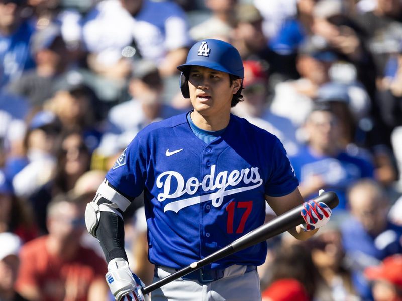 Feb 21, 2026; Tempe, Arizona, USA; Los Angeles Dodgers designated hitter Shohei Ohtani against the Los Angeles Angels during a spring training game at Tempe Diablo Stadium. Mandatory Credit: Mark J. Rebilas-Imagn Images