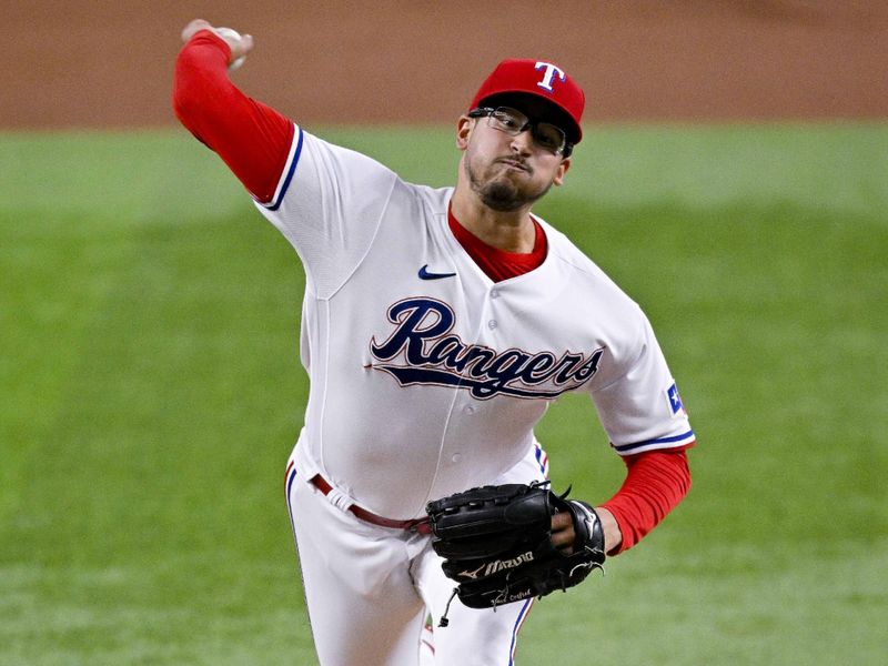 May 16, 2023; Arlington, Texas, USA; Texas Rangers starting pitcher Dane Dunning (33) pitches against the Atlanta Braves during the first inning at Globe Life Field. Mandatory Credit: Jerome Miron-USA TODAY Sports