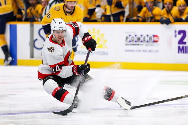 Jan 22, 2026; Nashville, Tennessee, USA;  Ottawa Senators center Dylan Cozens (24) skates with the puck against the Nashville Predators during the second period at Bridgestone Arena. Mandatory Credit: Steve Roberts-Imagn Images