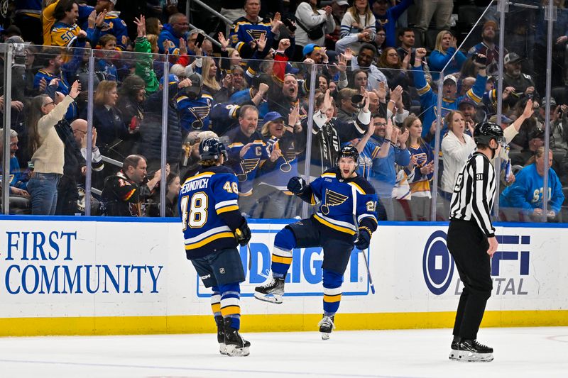 Mar 19, 2024; St. Louis, Missouri, USA;  St. Louis Blues left wing Nathan Walker (26) celebrates with defenseman Scott Perunovich (48) after scoring against the Colorado Avalanche during the first period at Enterprise Center. Mandatory Credit: Jeff Curry-USA TODAY Sports