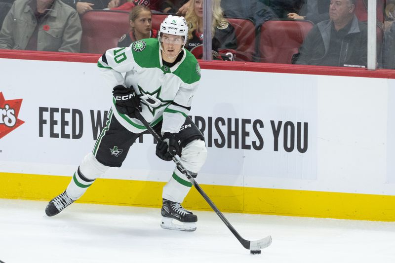 Nov 11, 2025; Ottawa, Ontario, CAN; Dallas Stars center Oskar Back (10) controls the puck in the third period against the Ottawa Senators at the Canadian Tire Centre. Mandatory Credit: Marc DesRosiers-IMAGN Images