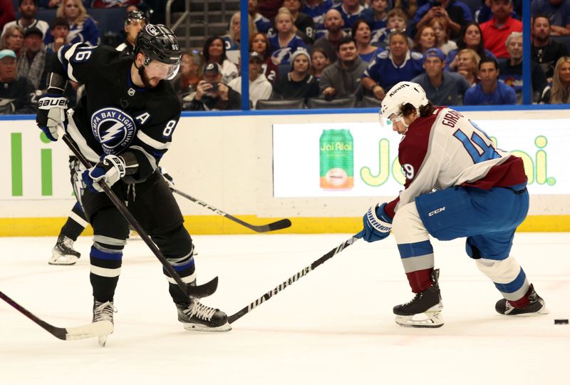 Feb 15, 2024; Tampa, Florida, USA; Tampa Bay Lightning right wing Nikita Kucherov (86) shoots as Colorado Avalanche defenseman Samuel Girard (49) defends during the first period at Amalie Arena. Mandatory Credit: Kim Klement Neitzel-USA TODAY Sports