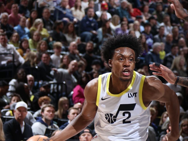 SALT LAKE CITY, UT - FEBRUARY 1: Colin Sexton #2 of the Utah Jazz drives to the basket during the game against the Philadelphia 76ers on February 1, 2024 at Delta Center in Salt Lake City, Utah. NOTE TO USER: User expressly acknowledges and agrees that, by downloading and or using this Photograph, User is consenting to the terms and conditions of the Getty Images License Agreement. Mandatory Copyright Notice: Copyright 2024 NBAE (Photo by Melissa Majchrzak/NBAE via Getty Images)