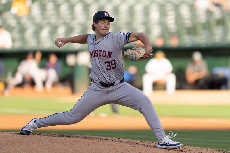 Jul 23, 2024; Oakland, California, USA;  Houston Astros pitcher Jake Bloss (39) throws during the first inning against the Oakland Athletics at Oakland-Alameda County Coliseum. Mandatory Credit: Stan Szeto-USA TODAY Sports