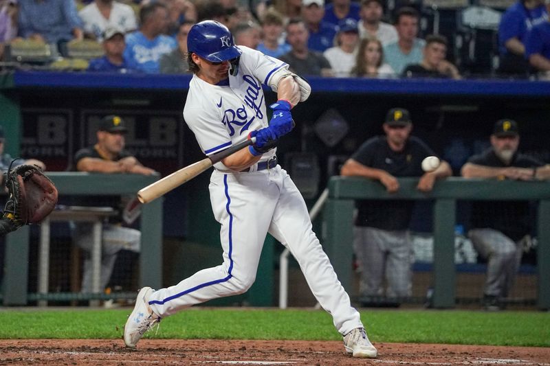 Aug 29, 2023; Kansas City, Missouri, USA; Kansas City Royals shortstop Bobby Witt Jr. (7) singles against the Pittsburgh Pirates in the fourth inning at Kauffman Stadium. Mandatory Credit: Denny Medley-USA TODAY Sports