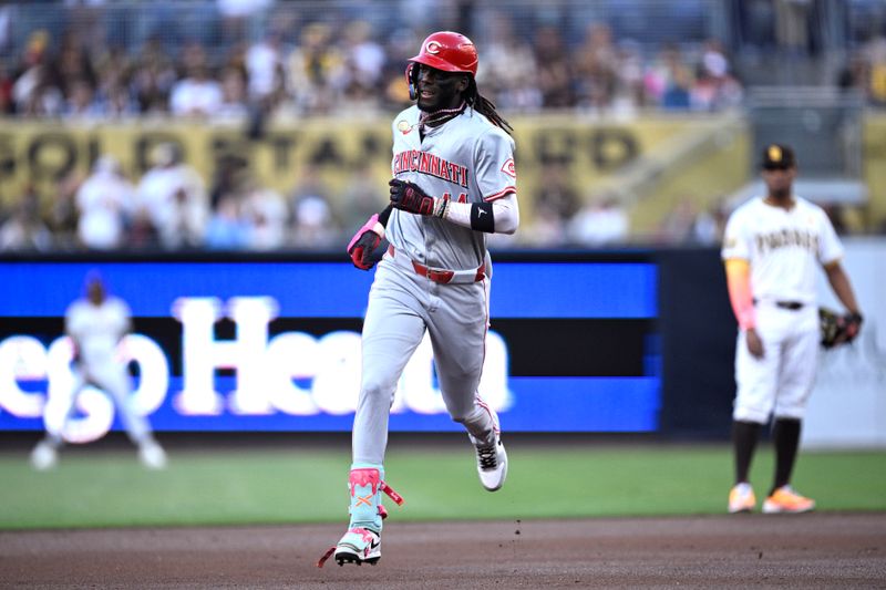 Apr 29, 2024; San Diego, California, USA; Cincinnati Reds shortstop Elly De La Cruz (44) rounds the bases after hitting a home run against the San Diego Padres during the first inning at Petco Park. Mandatory Credit: Orlando Ramirez-USA TODAY Sports