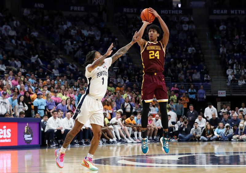 Jan 27, 2024; University Park, Pennsylvania, USA; Minnesota Golden Gophers guard Cam Christie (24) shoots the ball as Penn State Nittany Lions guard Ace Baldwin Jr (1) defends during the second half at Bryce Jordan Center. Minnesota defeated Penn State 83-74. Mandatory Credit: Matthew O'Haren-USA TODAY Sports