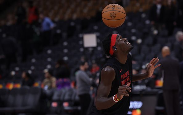 TORONTO, ON- NOVEMBER 15  - Toronto Raptors forward Pascal Siakam (43) juggles the ball soccer style during warm-ups as the Toronto Raptors fall to the Milwaukee Bucks 128-112 at Scotiabank Arena in Toronto. November 15, 2023.        (Steve Russell/Toronto Star via Getty Images)